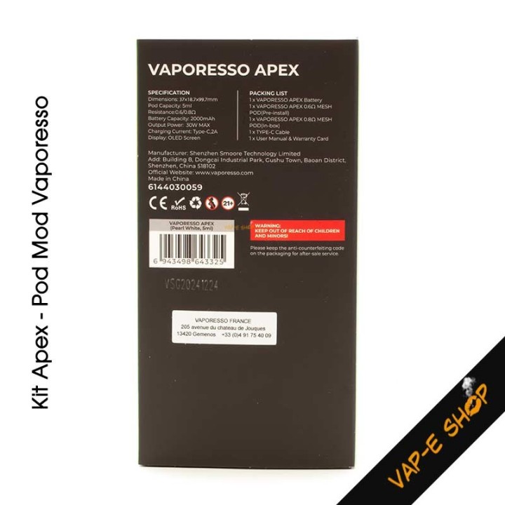 Kit Apex Vaporesso, pod mod 2000mAh, puissance 30 Watts