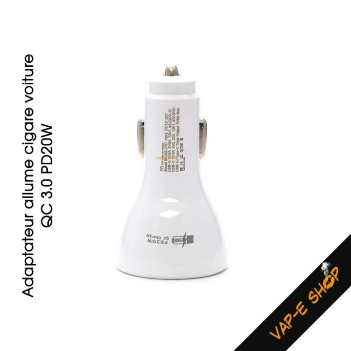 Adaptateur Allume cigare USB QC 3.0 PD20W pour recharger sa vape