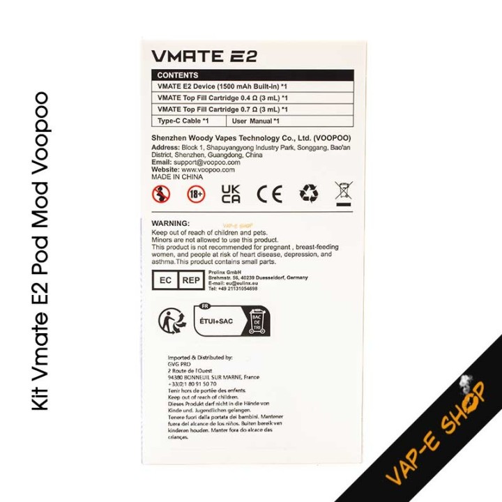 Kit Vmate E2 Pod Mod Voopoo, 30 Watts, batterie 1500 mAh