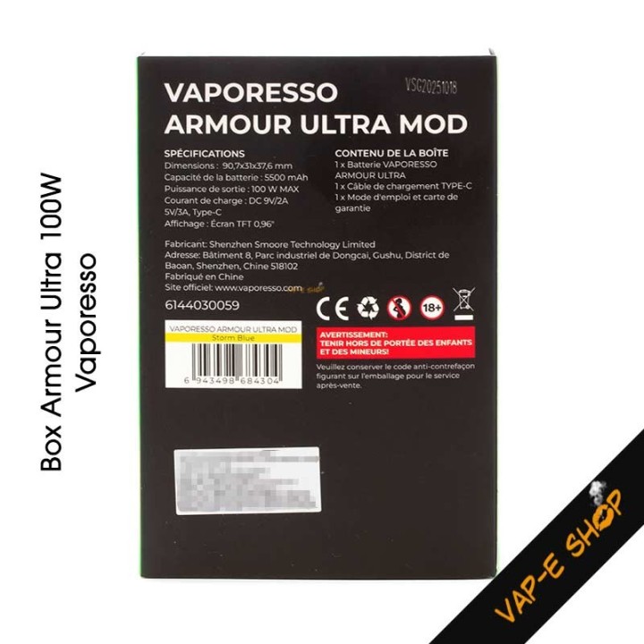 Box Armour Ultra Vaporesso. Mod 100 Watts, accu intégré 5500mAh